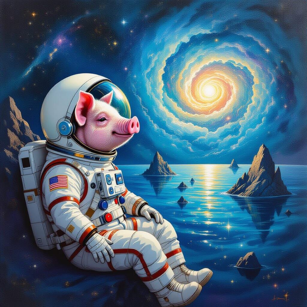 Pig Astronaut Gazes at Cosmic Ocean