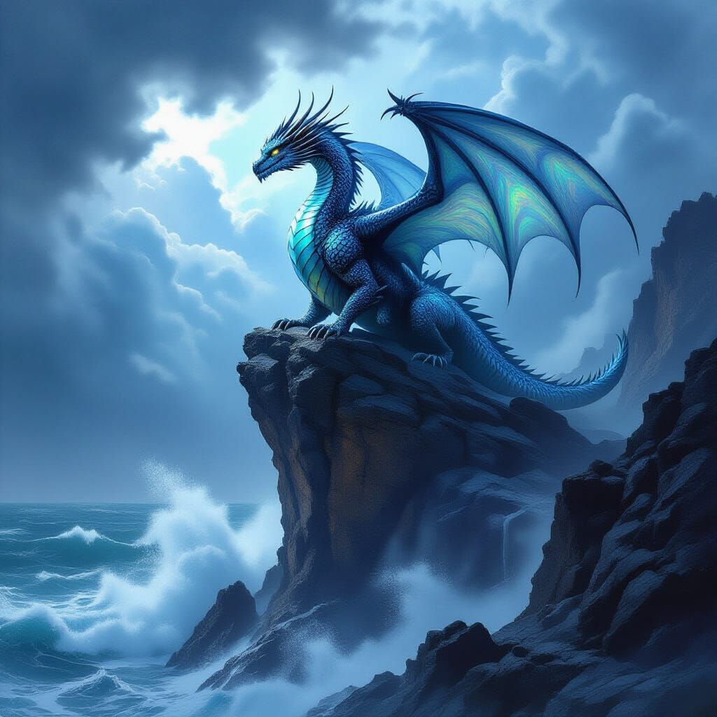Majestic Dragon on Stormy Cliff in Watercolor Style
