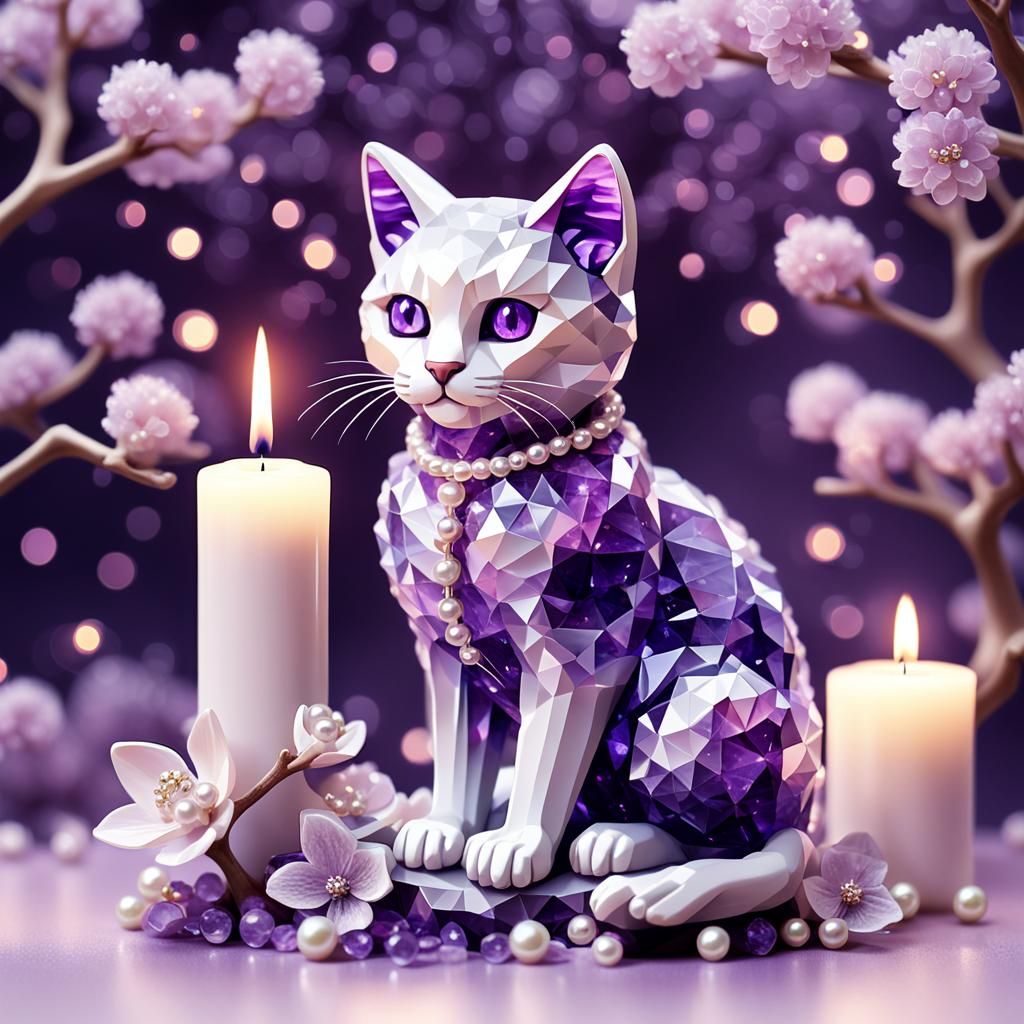 Crystallographic Cat on Blooming Amethyst Tree