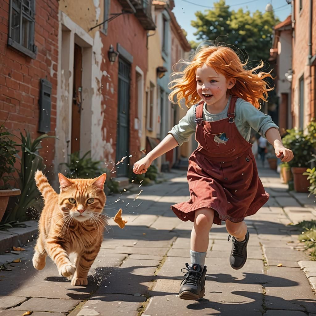 Cute Red-Haired Girl with Cat in Hyperrealistic Style