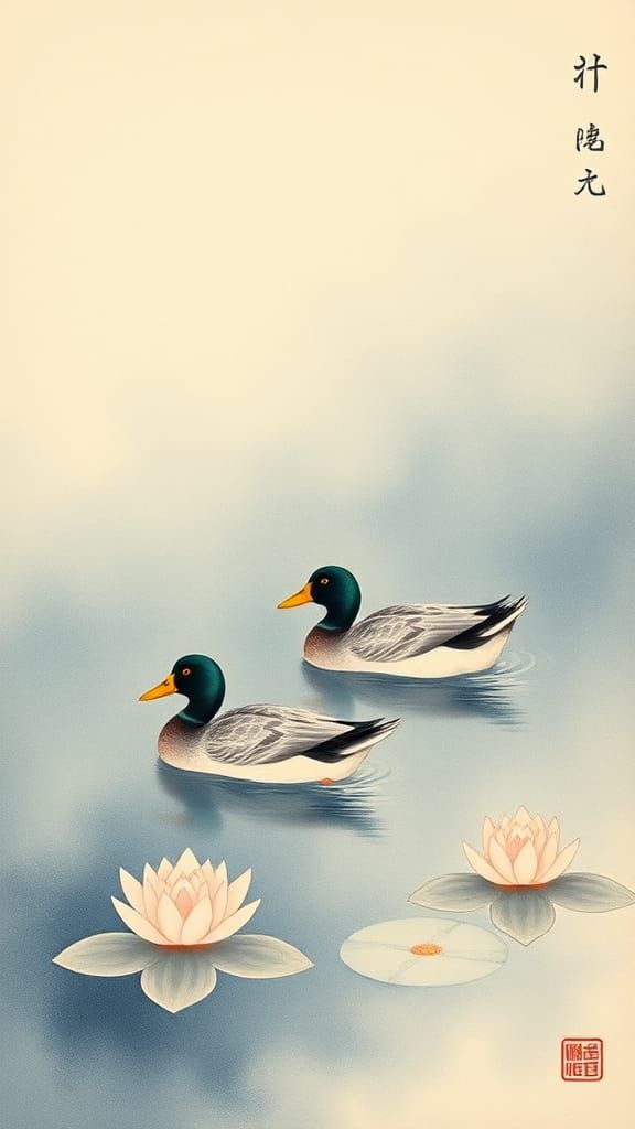 Ducks in Lily Pond: Ukiyo-e Style Illustration