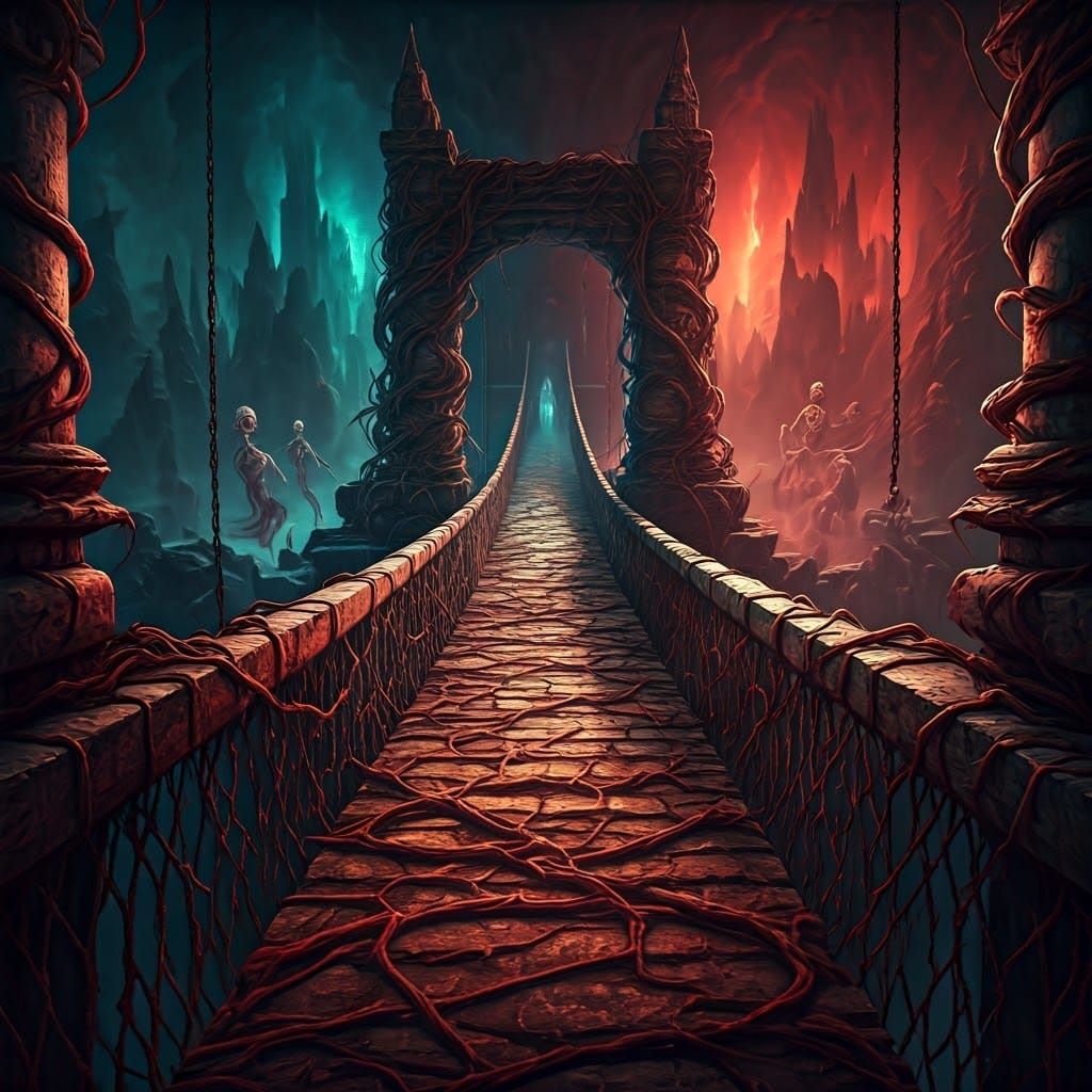 Macabre Underworld Suspension Bridge in Dark Fantasy Style