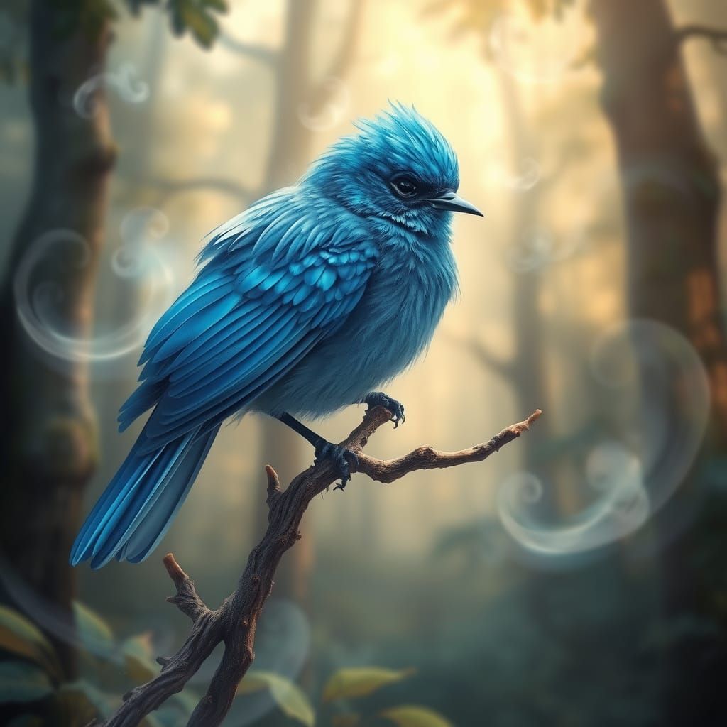 Whimsical Blue Bird in Ethereal Fantasy Landscape