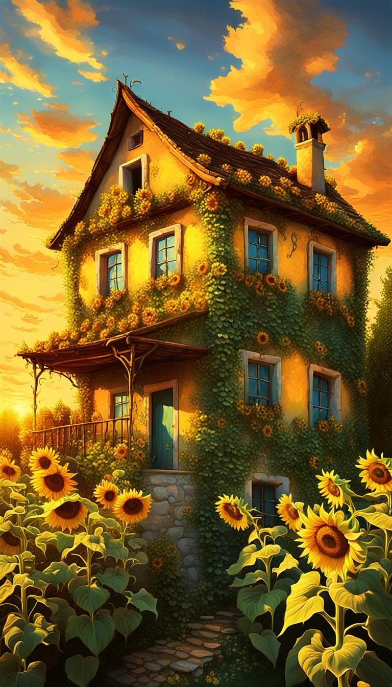 Surreal Witch House with Sunflowers in Romantic Sunset