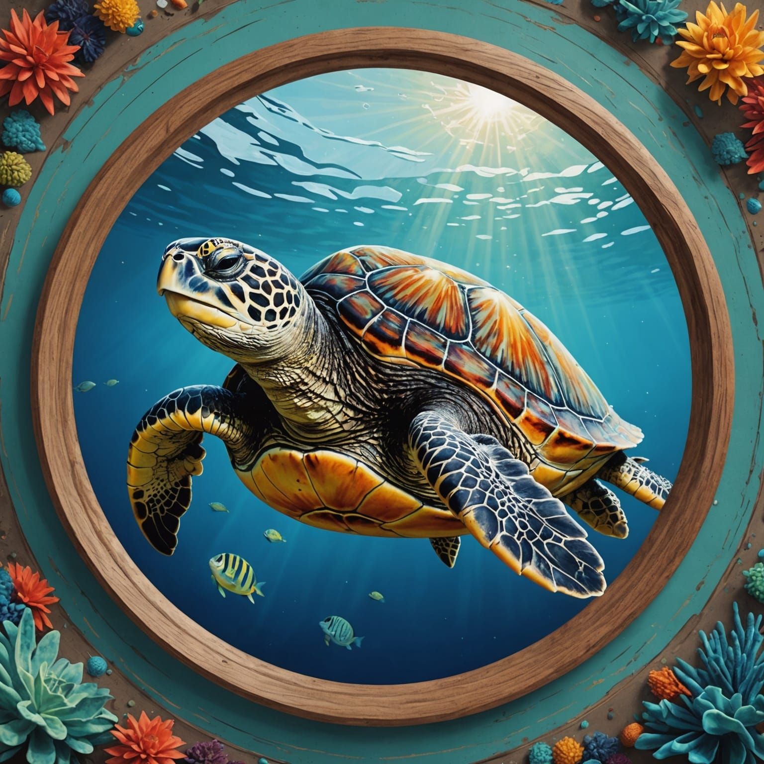 Colorful Sea Turtle Portrait in Screen Printing Style
