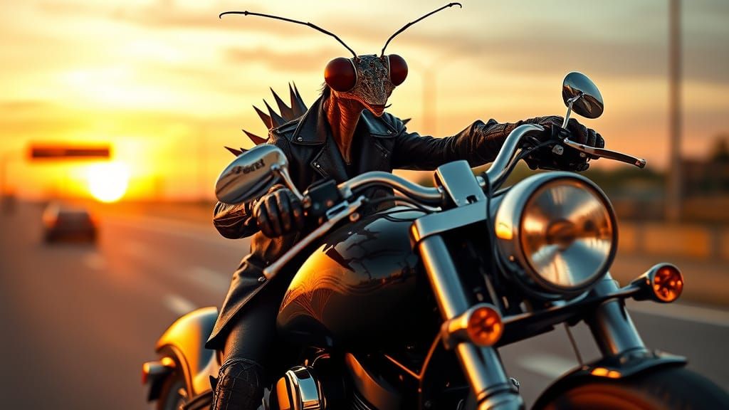 Praying Mantis Rides Harley Davidson in Cyberpunk Sunset