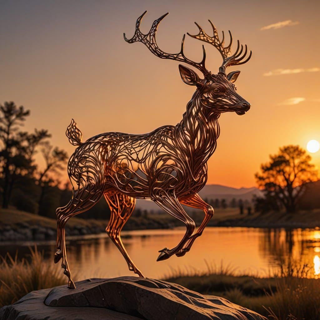 Dramatic Leaping Deer Wire Sculpture at Sunset
