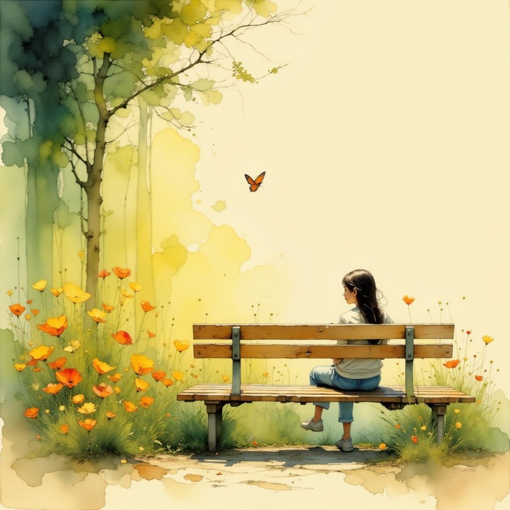 Peaceful Garden Scene: Figure Watches Butterfly in Watercolo...