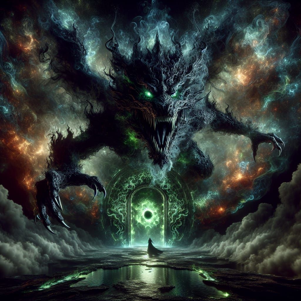 Epic Dark Fantasy Scene: Monstrous Reptilian Beast Emerging ...
