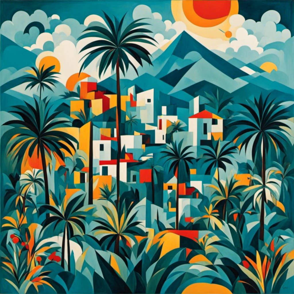 Abstract Geometric Tropical Village in Bauhaus Style