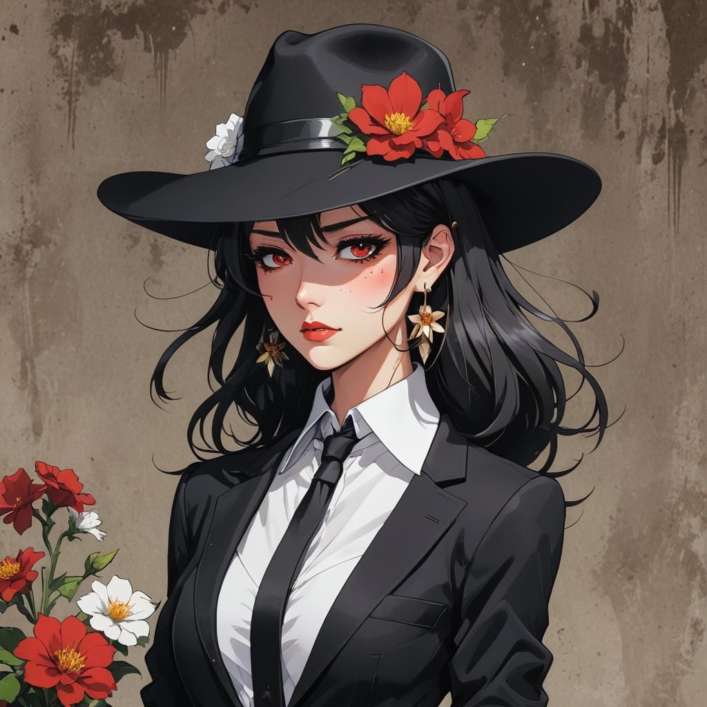 Woman in Black Suit, Anime Style Digital Art