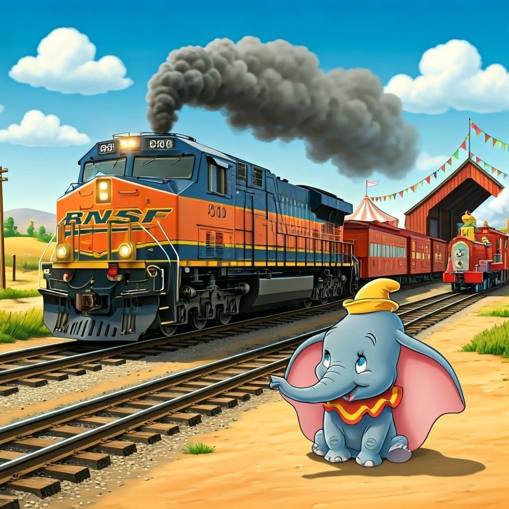 BNSF Locomotive Pulls Whimsical Circus Train in Sun-Drenched...