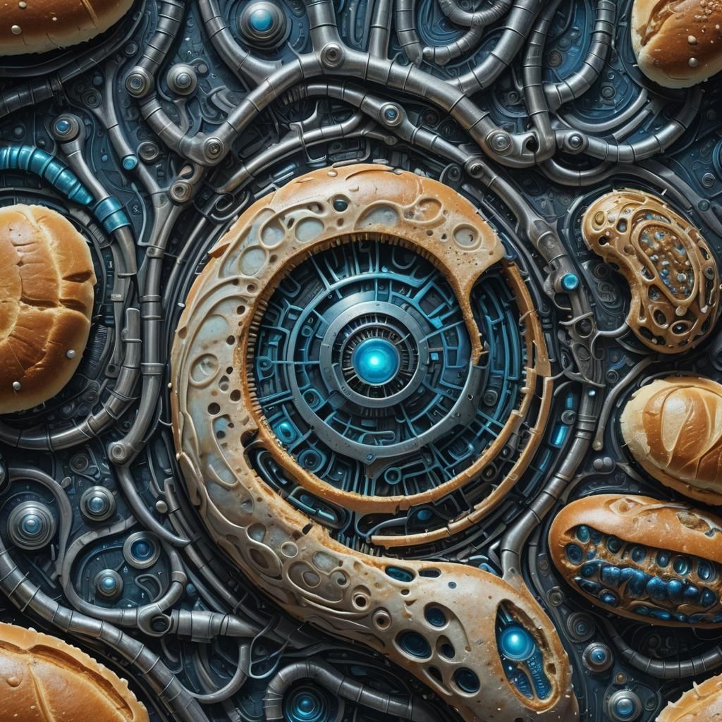 Biomechanical Bread-Computer Fusion in Futuristic Lab