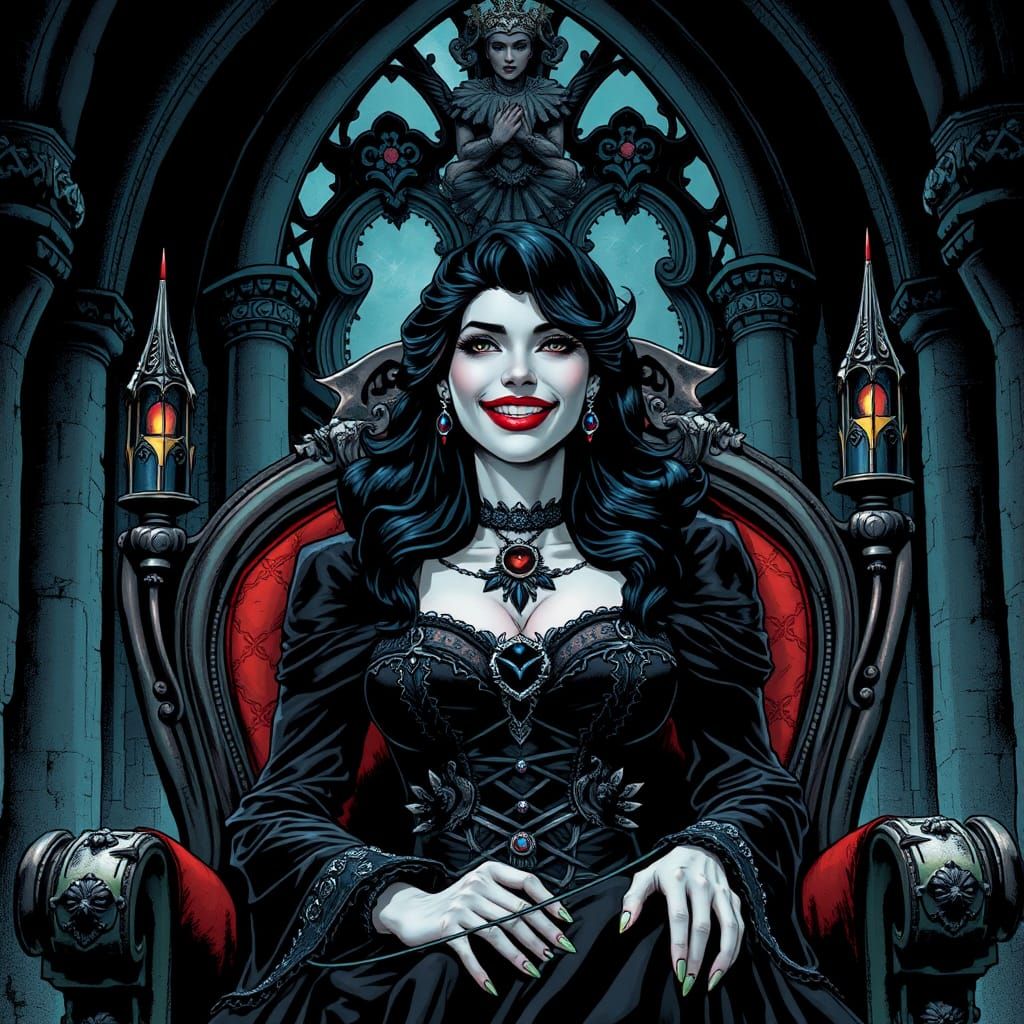 Vampire Queen Smiling on Throne, Comic Book Art