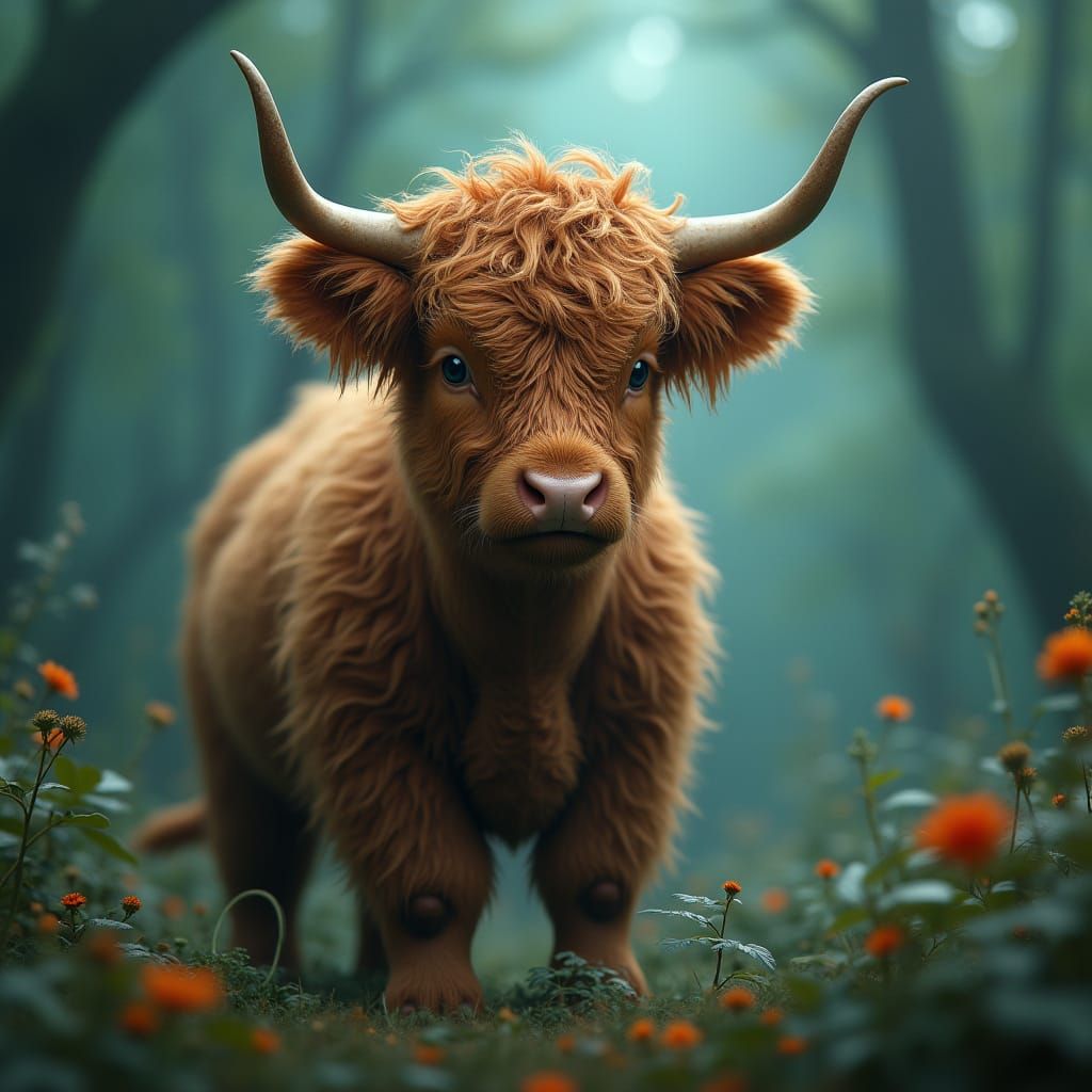 Majestic Highland Cow in Whimsical Emerald Forest