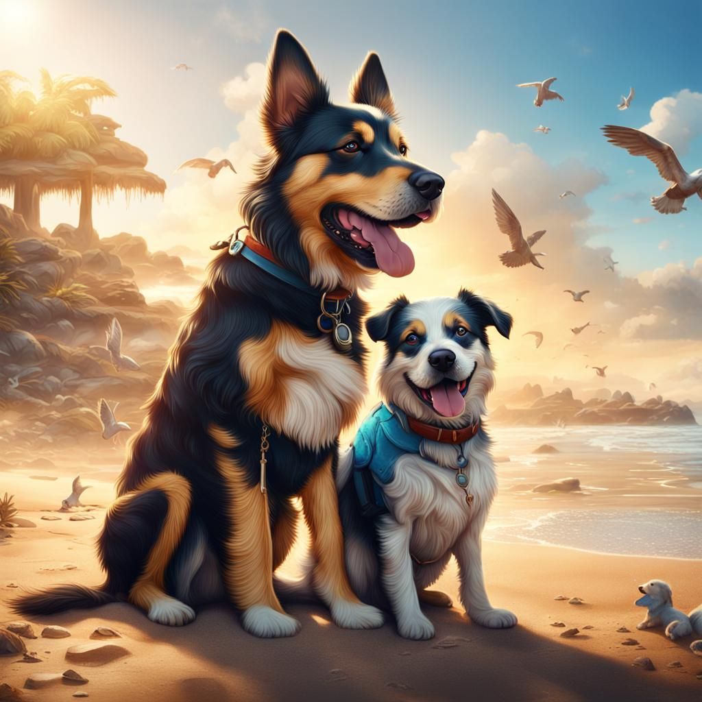 Dogs Hugging on Beach: Fantasy Concept Art
