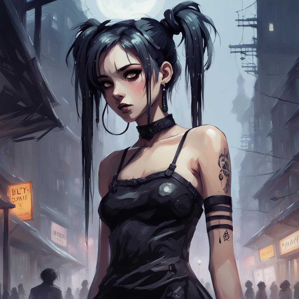 Cyberpunk Anime Girl with Pigtails in Eerie Night