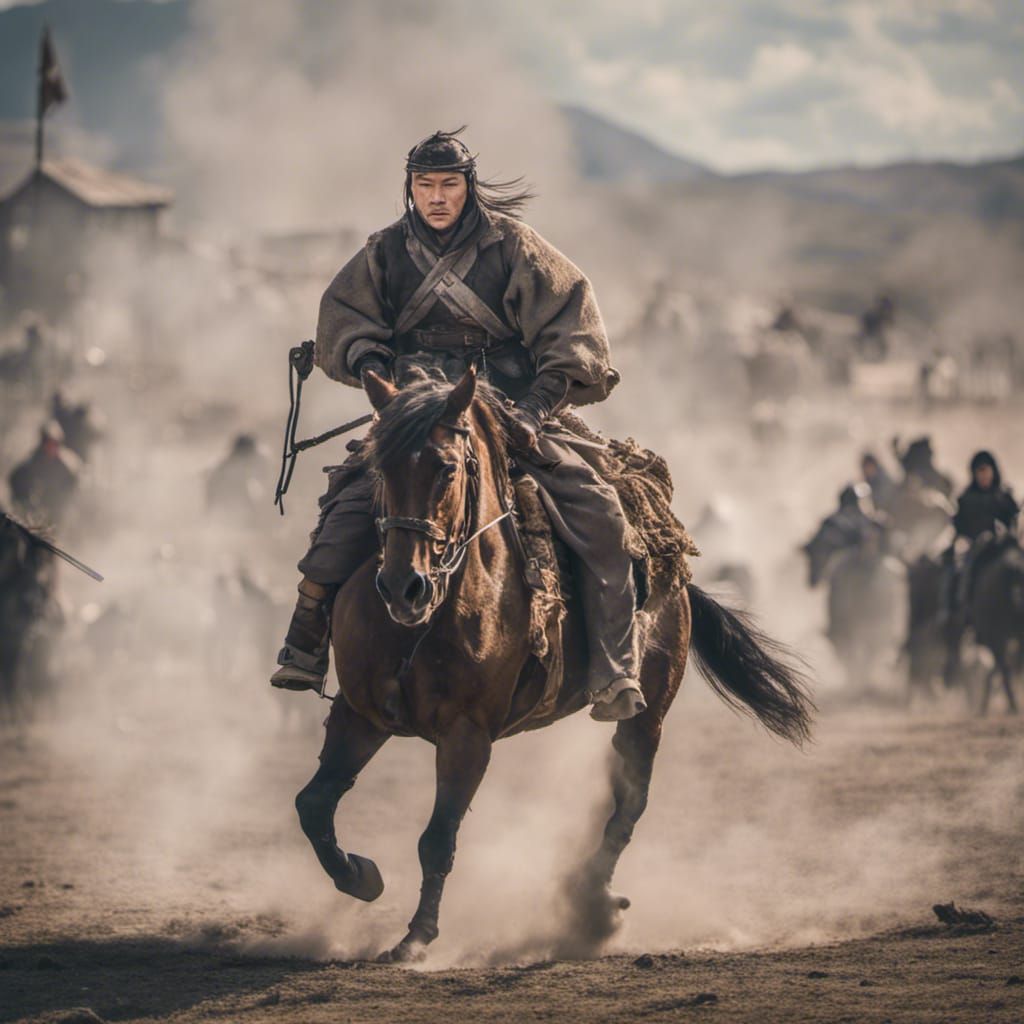 Mongolian Warrior Escaping Burning Village: Photography