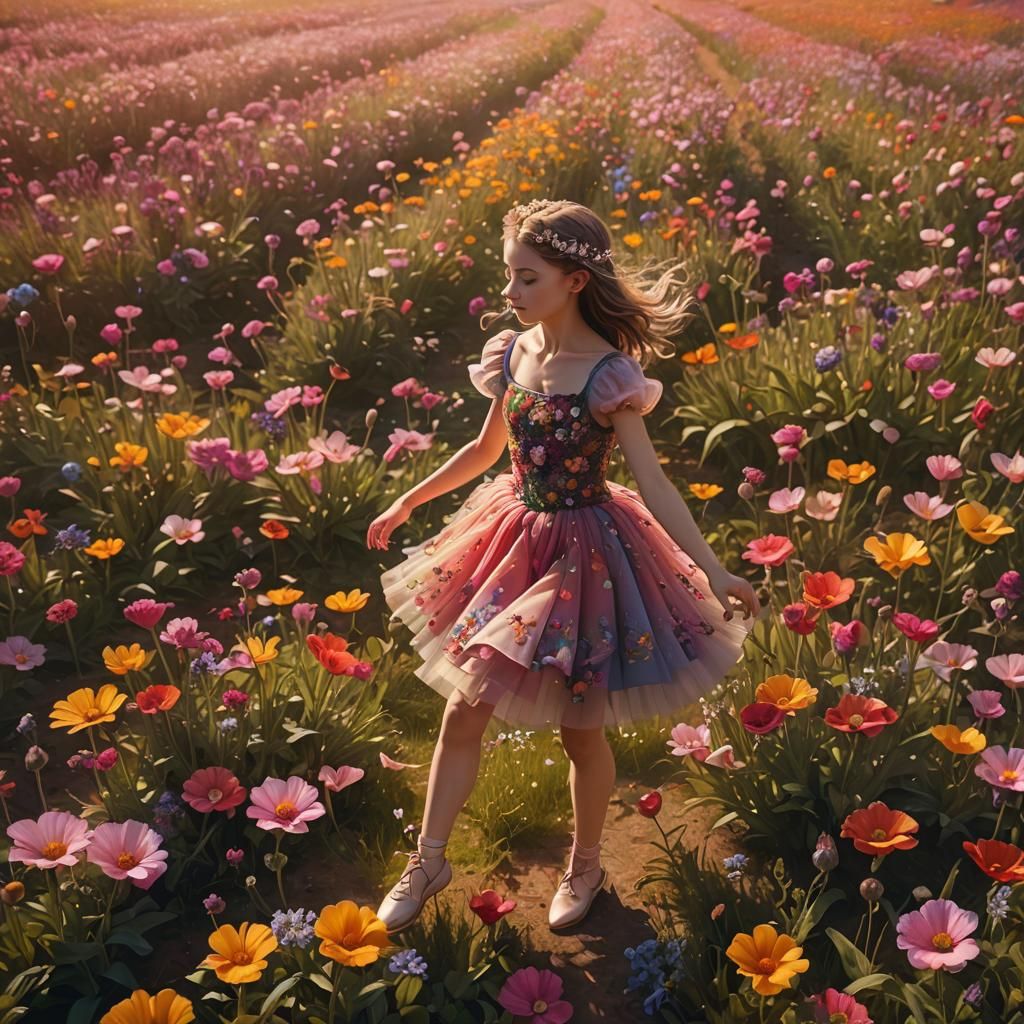 Ballerina Dances in Flower Field: Fantasy Concept Art