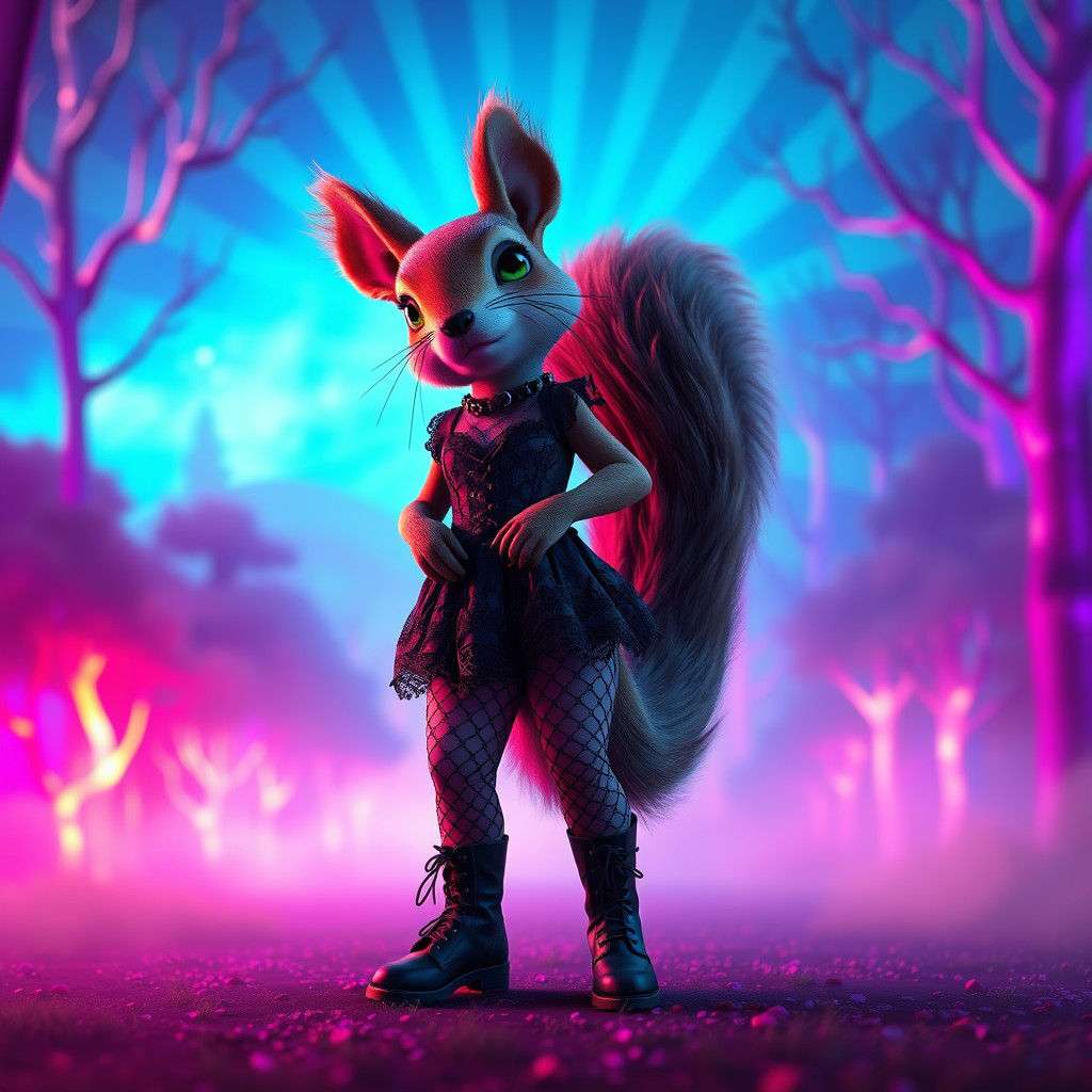 Goth Squirrel in Neon Forest: Hyper-Realistic 3D Art