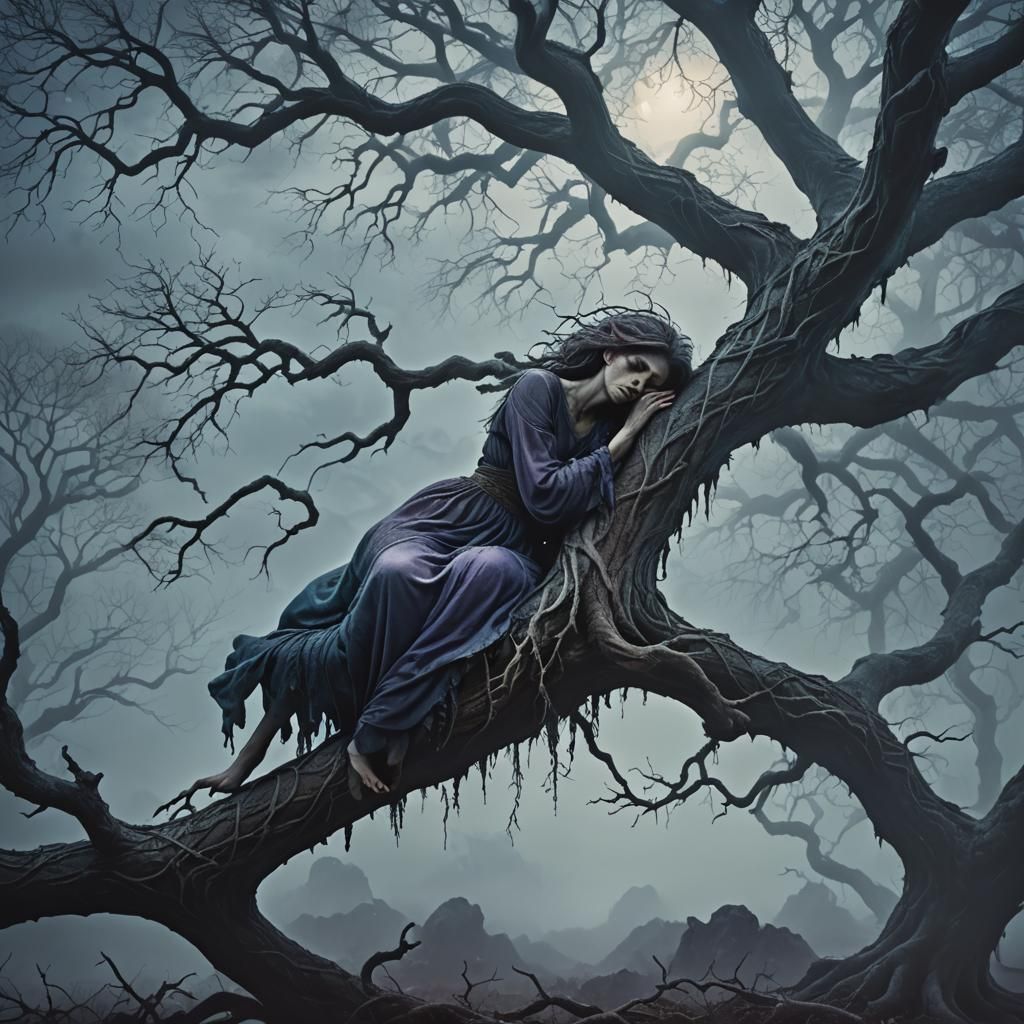 Mystical Forest Nymph Sleeps in Eerie Mist