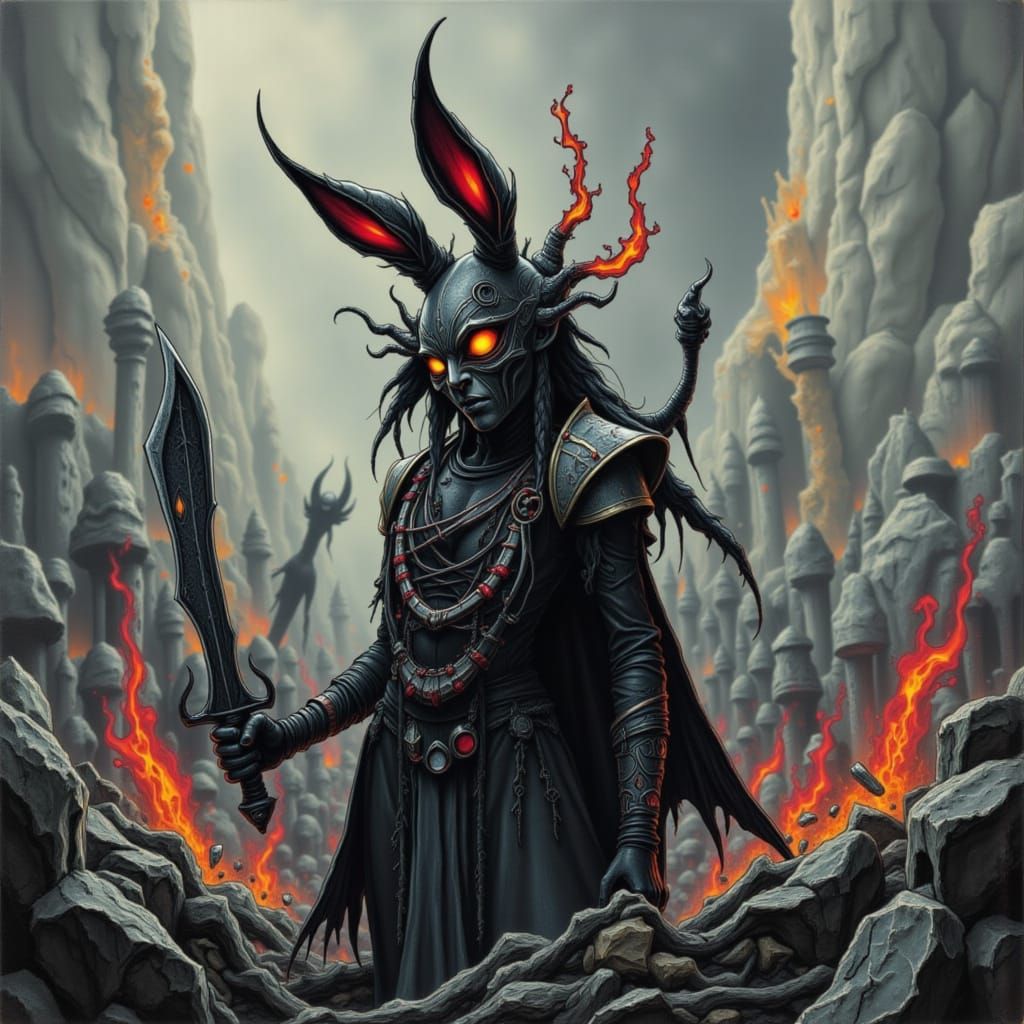 Morrigan Goddess on Battlefield with Flaming Sword