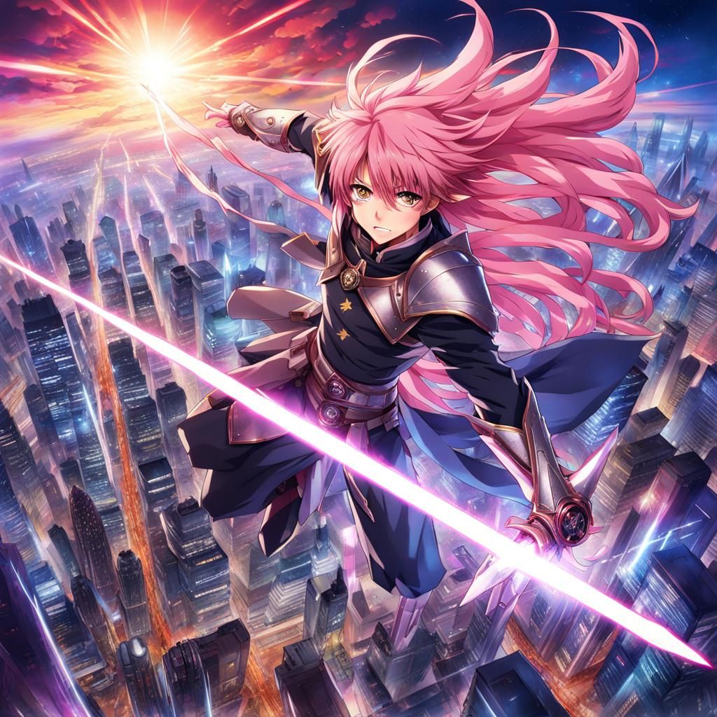 Anime Warrior Levitating and Firing Lasers Over City