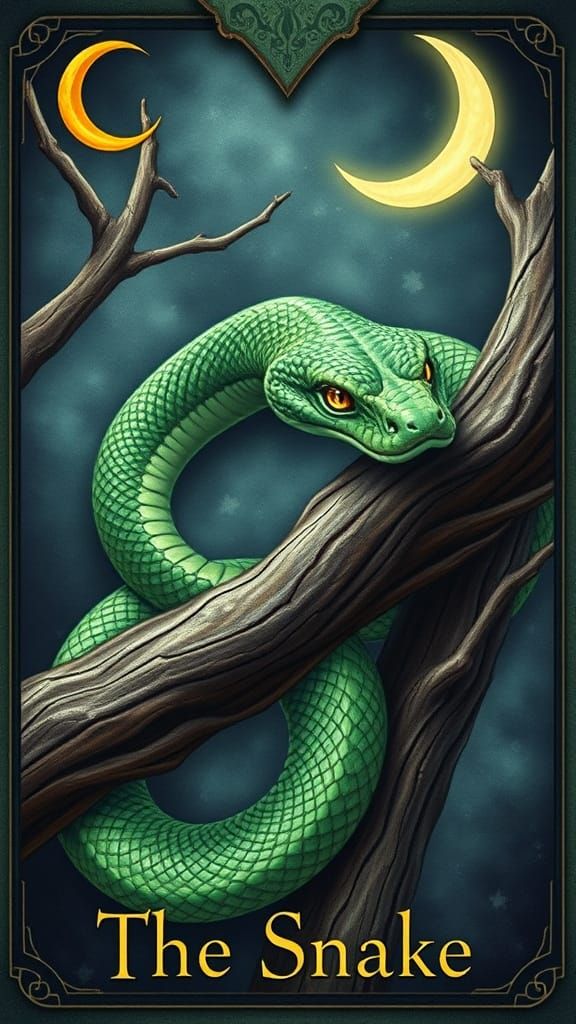 Create a Lenormand card featuring "The Snake" in an oil pain...