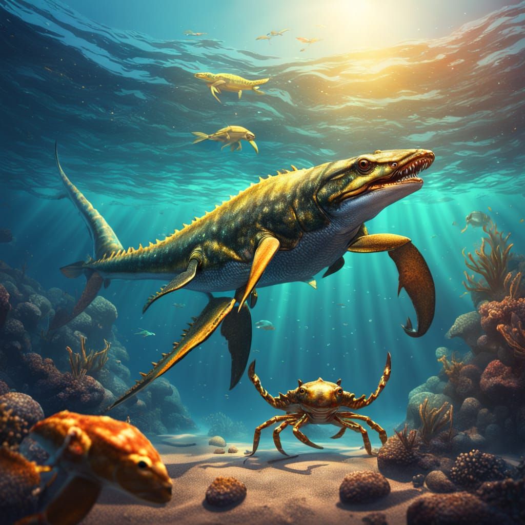 Ichthyosaurs and Crab in Hyperrealistic Style