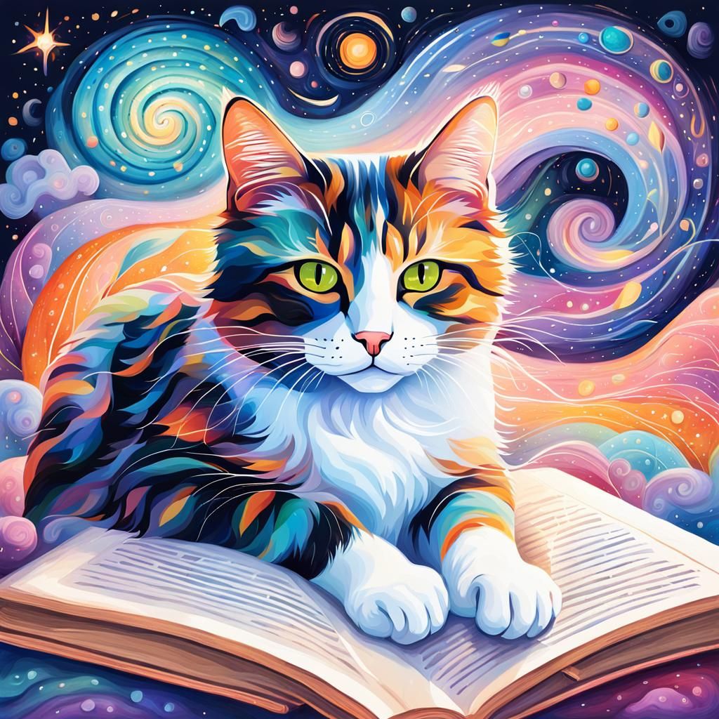 Calico Cat Reading: Astral Cosmic Illustration