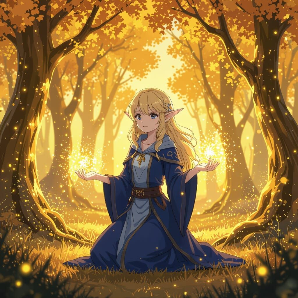Anime Elf Mage Casting Golden Spell in Enchanted Forest