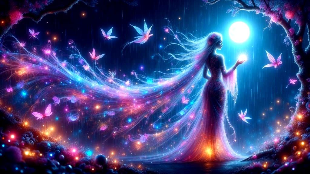 Majestic Tiger-Human Hybrid in Bioluminescent Forest