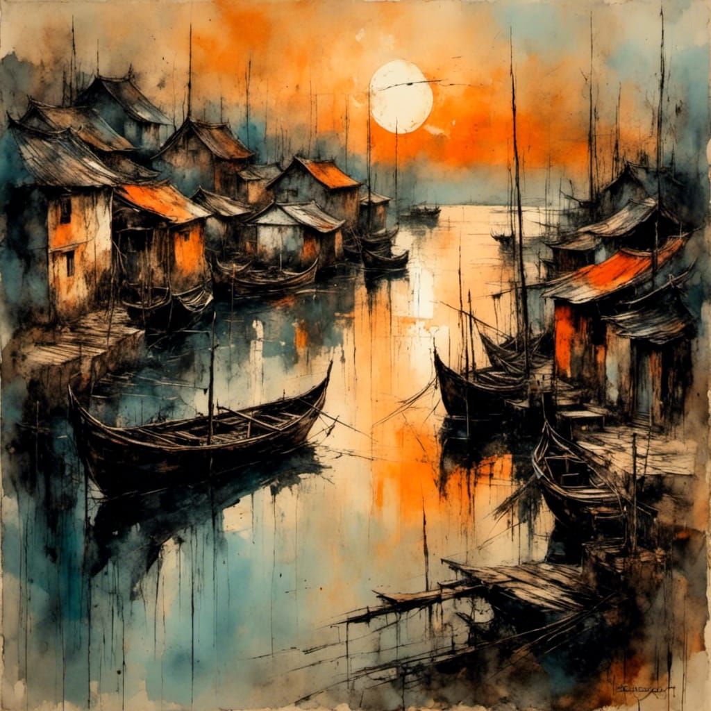 Sunset Over Historic Asian Fishing Village