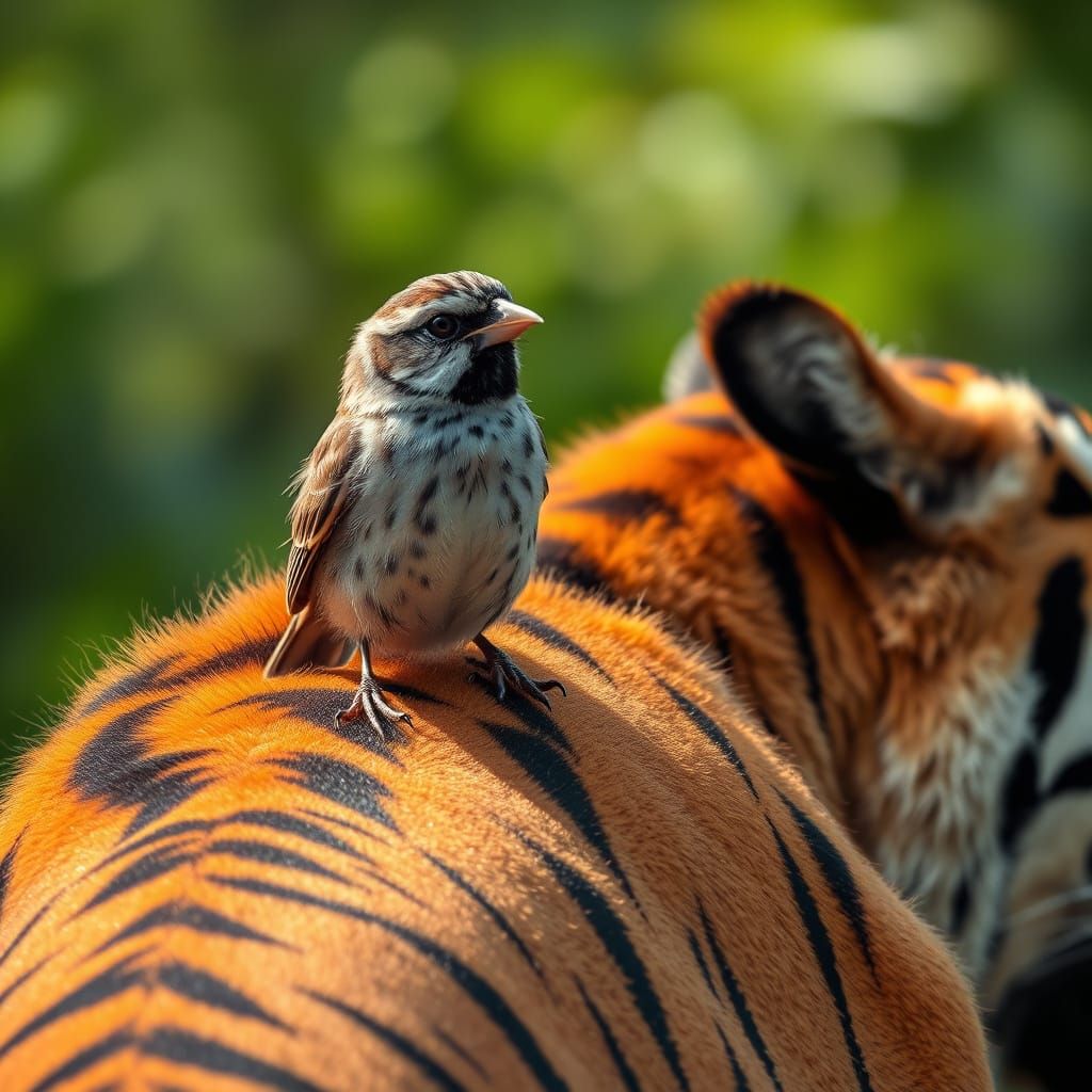 Surrealism of a Tiger and Cheeky Sparrow in Conversation