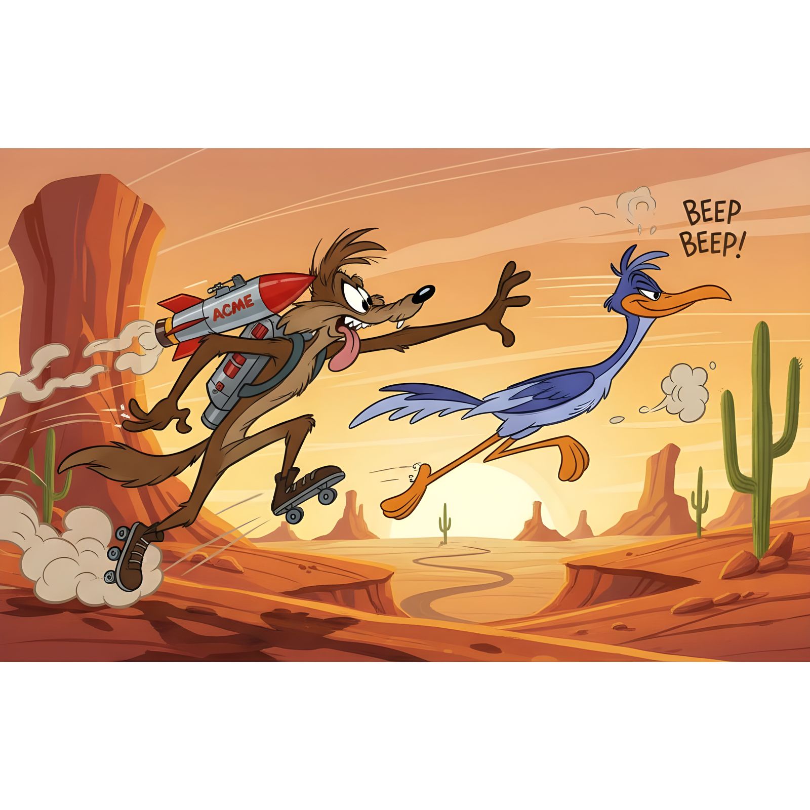 Wiley E Coyote Chases Roadrunner in Desert, Chuck Jones Styl...