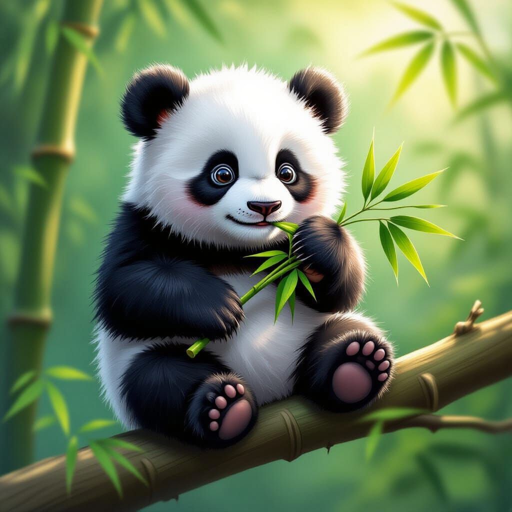 Hyperrealistic Panda Eating Bamboo on Branch