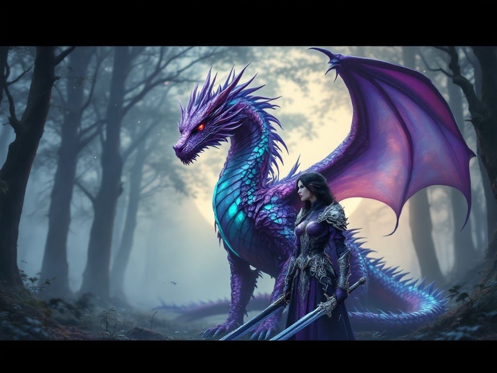 Majestic Dragon in Moonlit Forest Glade, with Gothic Warrior...