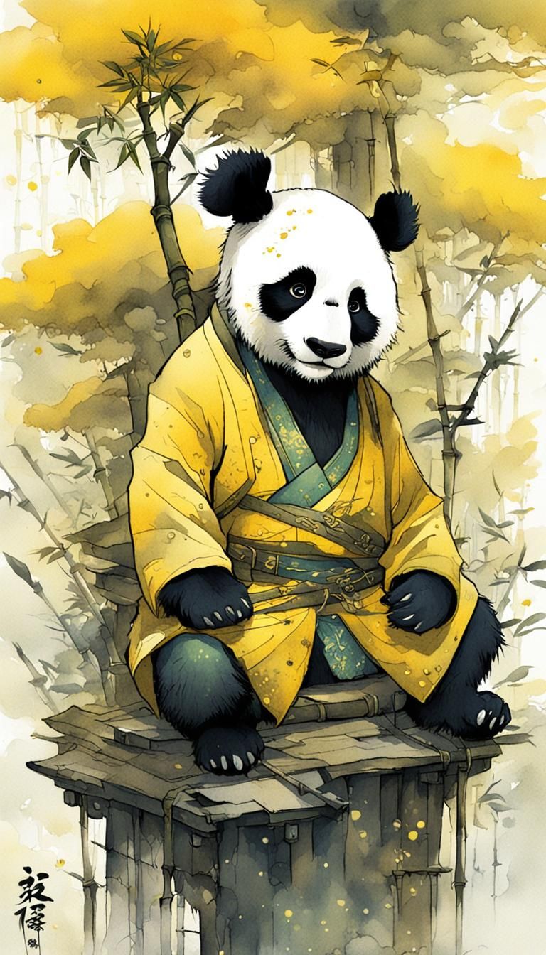 Surreal Yellow Panda in Chinese Hanfu: Detailed Matte Painti...