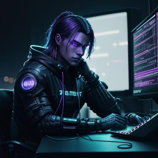 Cyberpunk Programmer at an Old Computer Terminal