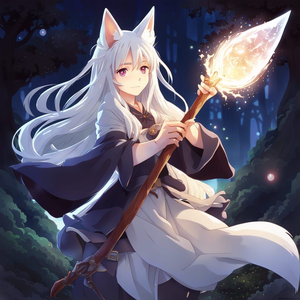 Fox-Eared Witch with Glowing Wand in Anime Style