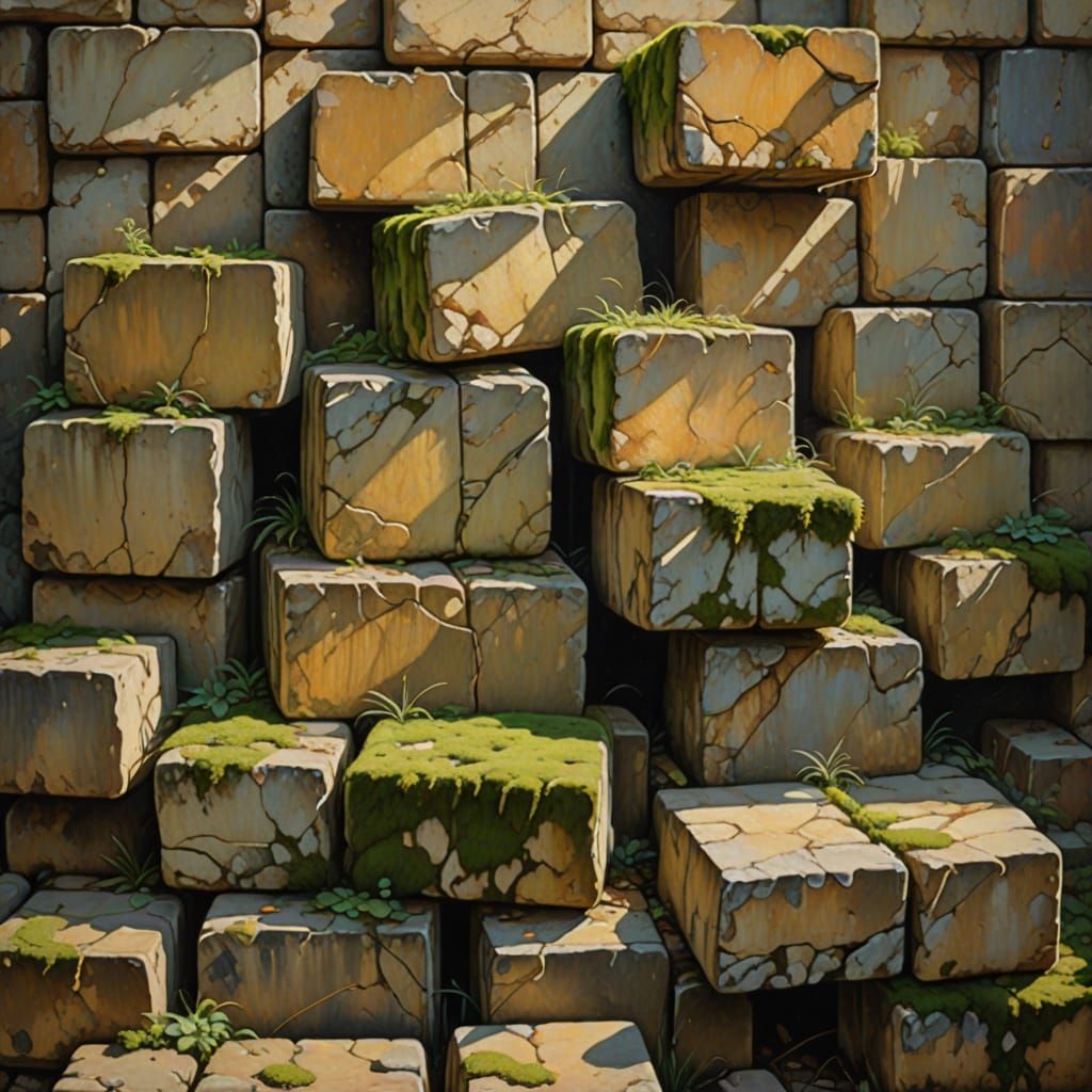 Classic Realism Oil Painting of Ancient Stone Wall