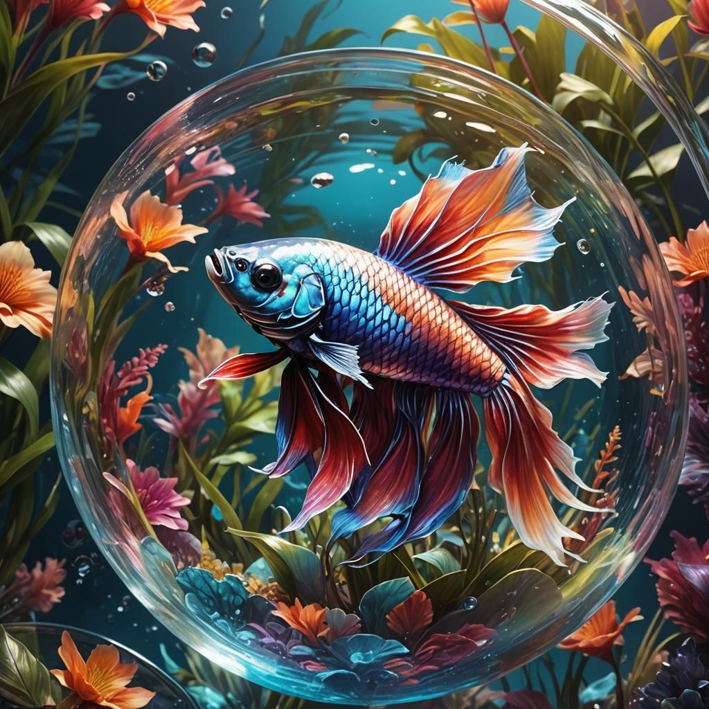 Hyperrealistic Siamese Fighting Fish in Aquatic Bowl