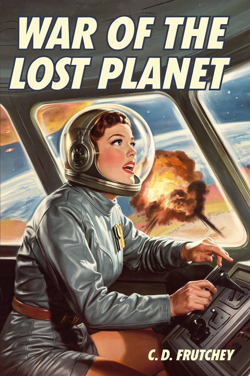 Retro Spacewoman Pilots Spaceship in Orbit