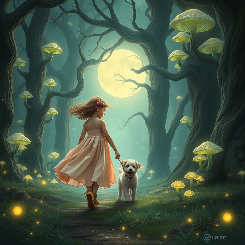 Girl and Dog Wander Moonlit Forest