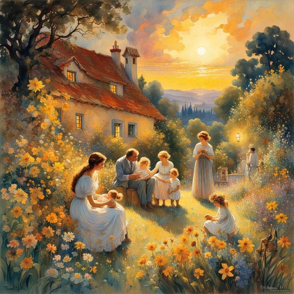 Idyllic Family Scene in Watercolor Fantasy Art Style