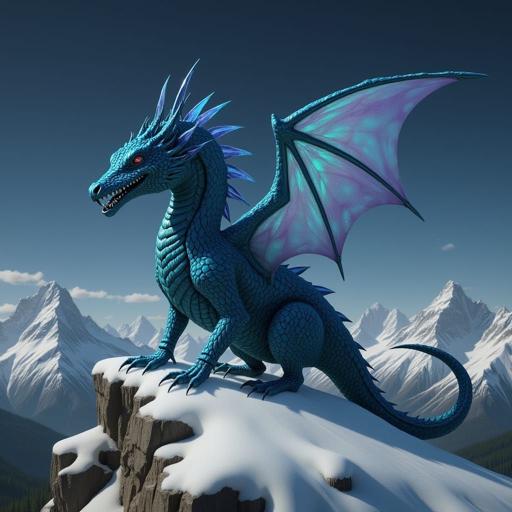 Iridescent Crystal Dragon on Snowy Mountain Peak