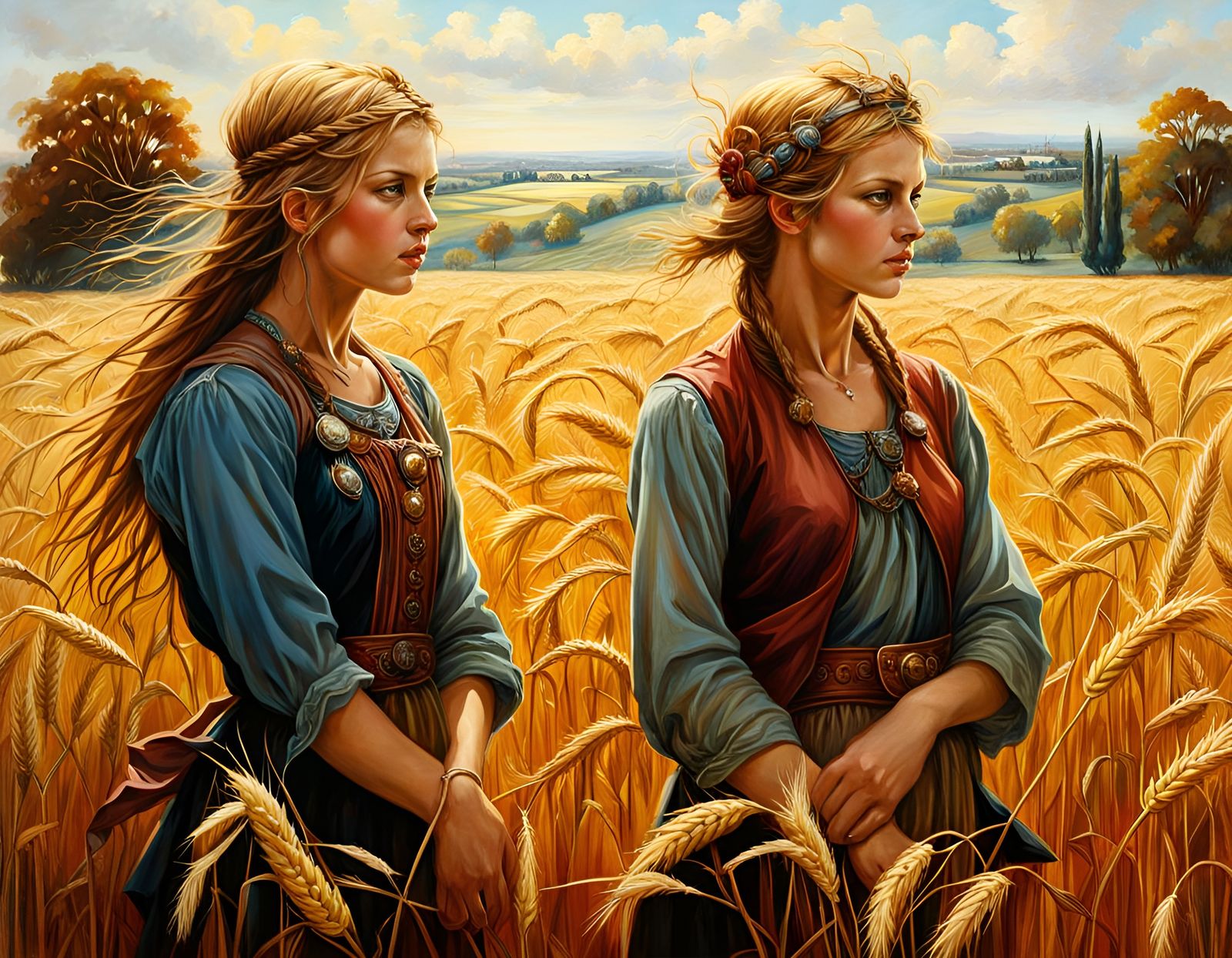 Hyperrealistic Thrashers Harvesting Wheat on Autumn Day