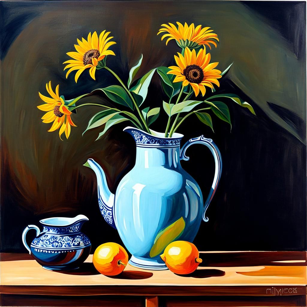 Acrylic painting of a still life with a jug