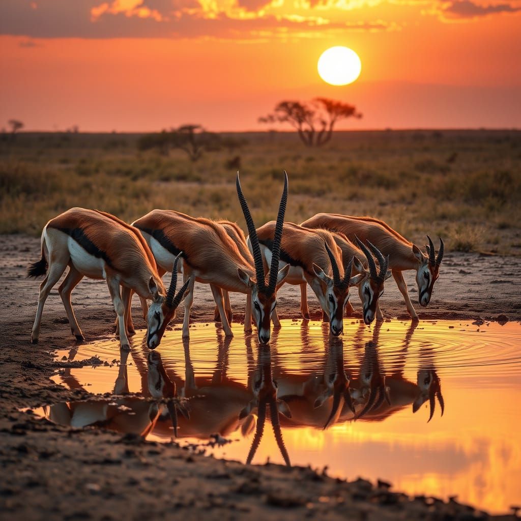 Springboks at Watering Hole: Dramatic African Art