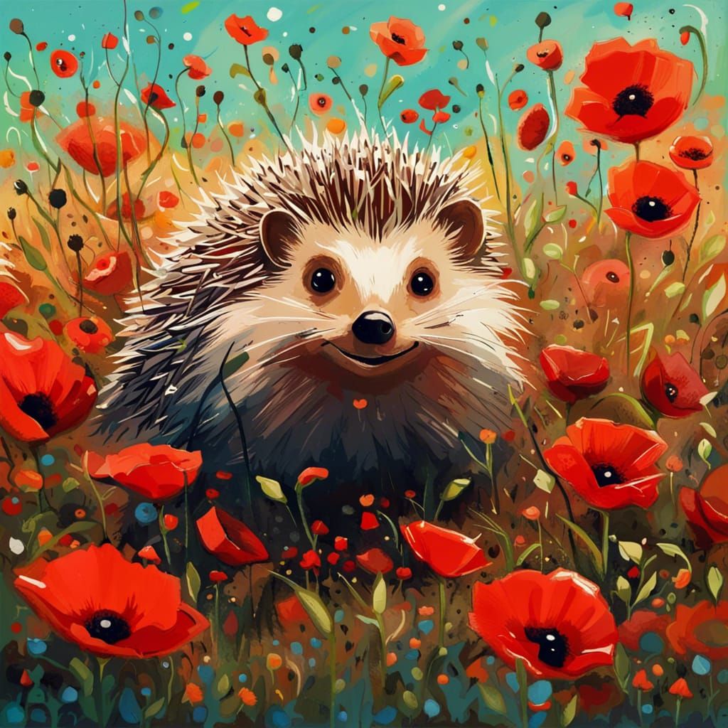 Happy Hedgehog in Poppies, Anime Miyazaki Style
